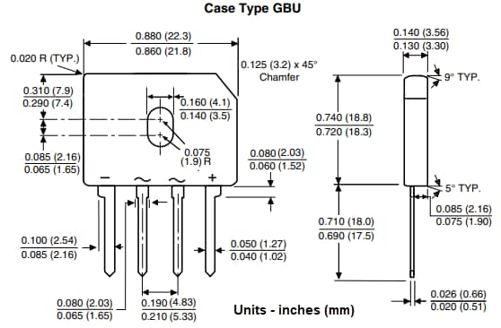機械図面 - Vishay GBUxガラスパッシベーション接合ブリッジ整流器